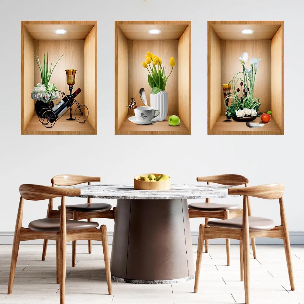 3D Effect Potted Triptych Posters Hallway Staircase Decorative Painting Hotel Restaurant Wall Plant Stickers