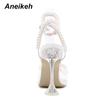 Aneikeh  Summer White String Bead High Heels Wedding Shoes Butterfly-Knot Narrow Band Thin Heels  Square Toe Party Sandals