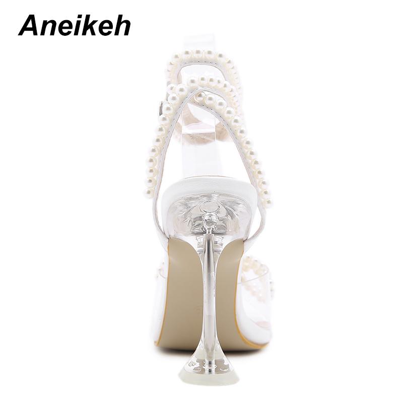 Aneikeh  Summer White String Bead High Heels Wedding Shoes Butterfly-Knot Narrow Band Thin Heels  Square Toe Party Sandals