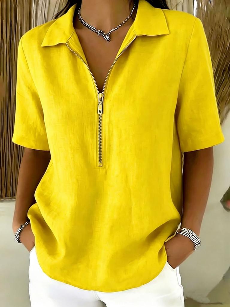 Women Casual Solid Color Lapel Zip Half Sleeve Fashion Blouse