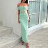 J11DS010 European and American Hot-selling Solid-color Tube Top Off-the-shoulder Mesh Pleated Slim-fitting Long Dress Dress