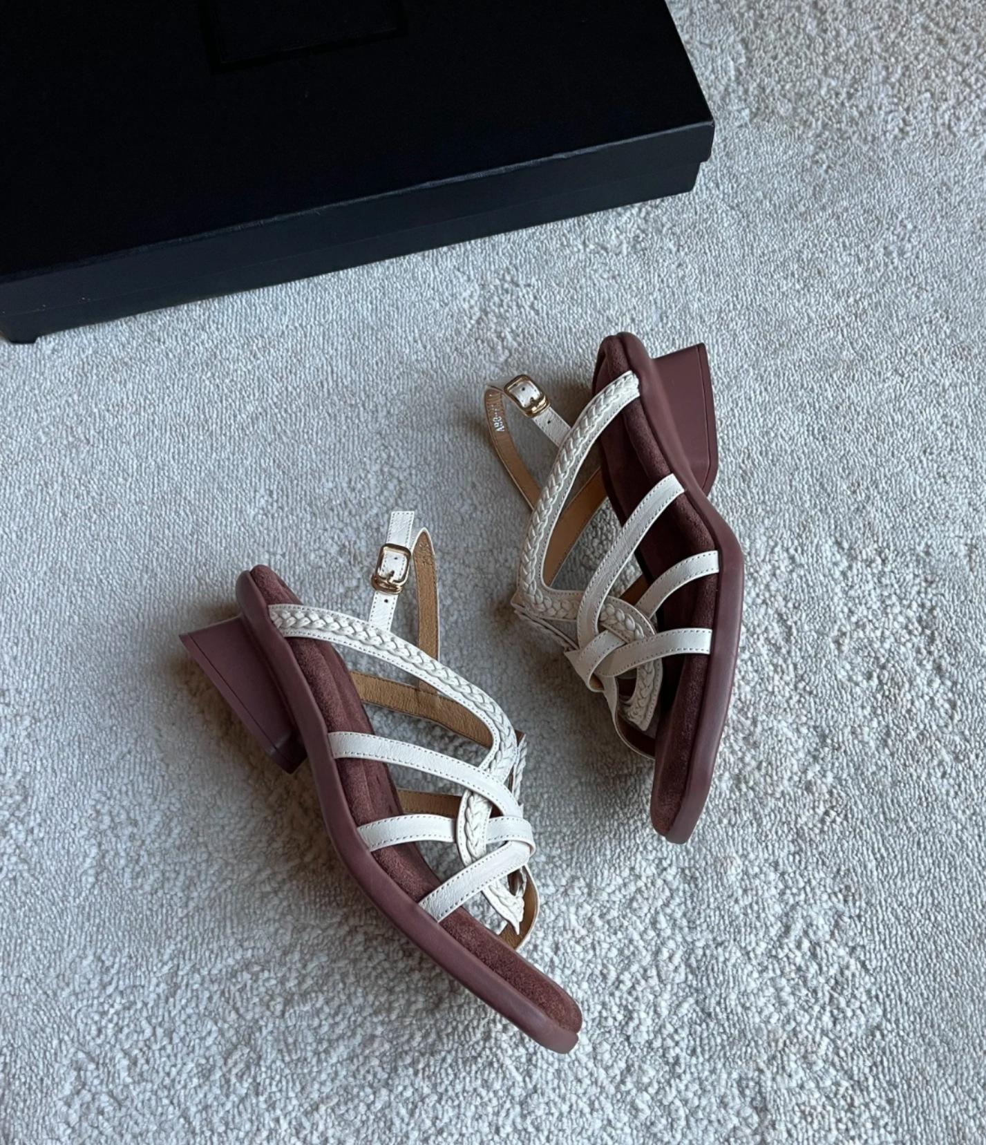 

Sheepskin version~ French retro woven hollow square head thick heel Roman shoes women s new fashion casual open-toed sandals 40