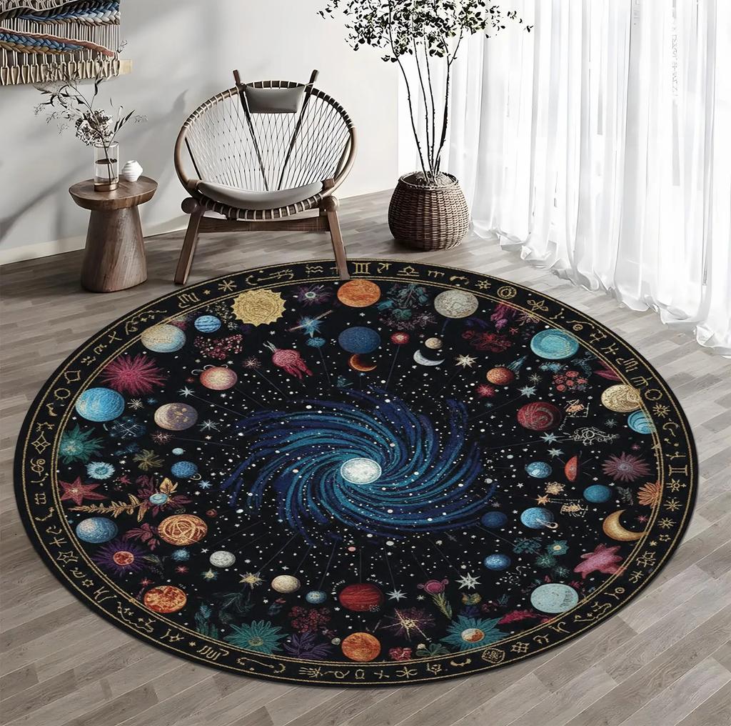 Large Round Cosmic Galaxy Planet Zodiac Symbol Non Slip Floor Rug Mystic Starry Sky Living Room Sofa Decor Mat