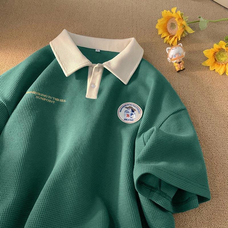 Men Waffle Knit Color Block Cartoon Embroidered Oversized Polo Shirt Casual Streetwear Summer Top