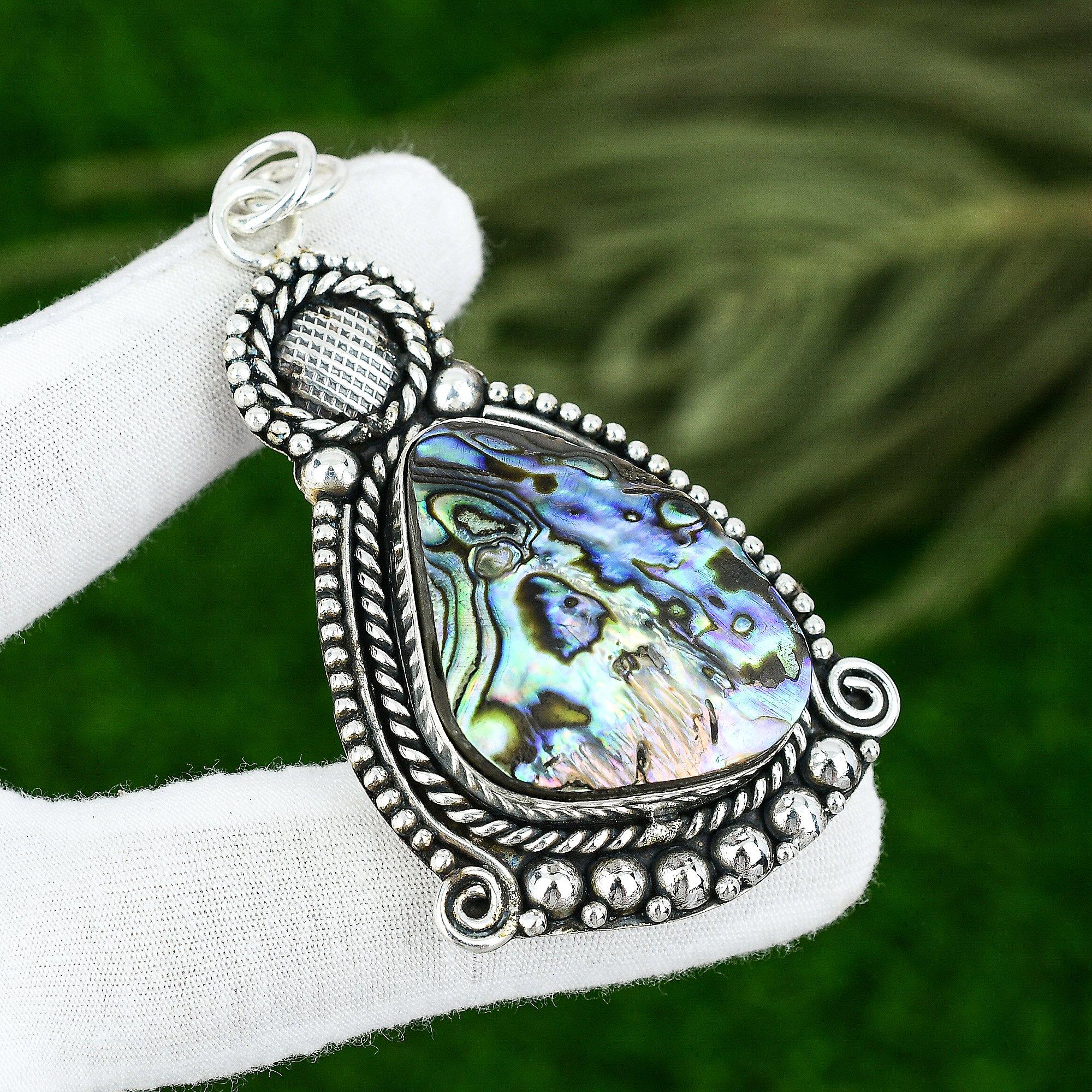

925 Sterling Silver Trillion Abalone Shell Stone Bezel Anniversary Boho Pendant
