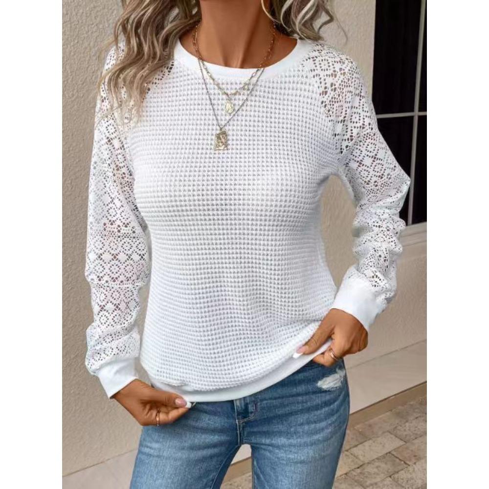Women Solid Color Lace Long Sleeve Hollow Out Crew Neck Casual T-shirt Blouse Tops