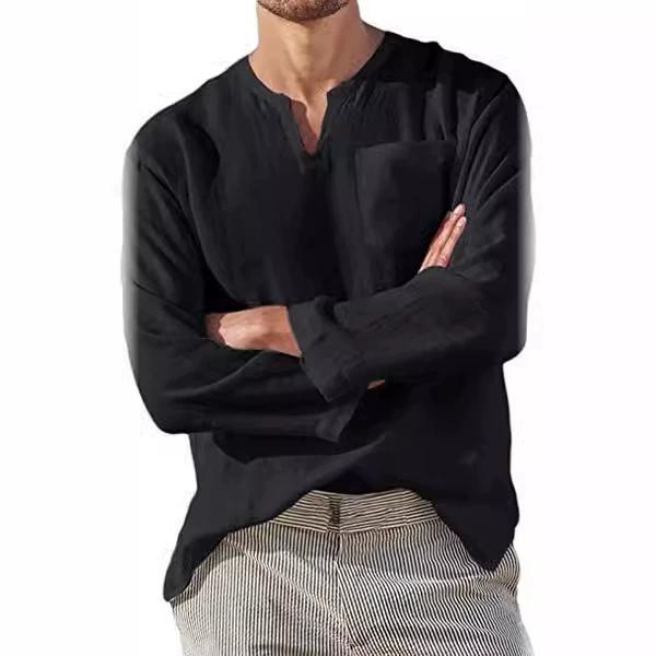 Men's Cotton Linen Shirt Cozy Solid Color Long Sleeve Breathable Tops V Neck Casual Blouse Hawaiian Shirt Lightweight Shirts