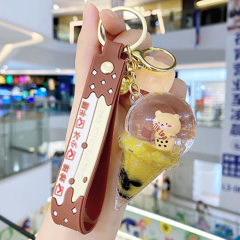 Pearl Milk Tea Bear Keychain - Cartoon Oil-Filled, Floating Liquid Pendant for Bags