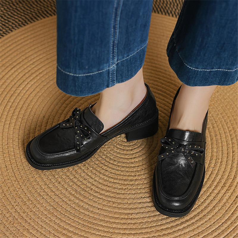 Fashion New Spring Sheep Leather Woman Shoes Square Toe Women Pumps Shoes for Women Chunky Heel Loafers Fashion Rivet Bow Casual Shoes