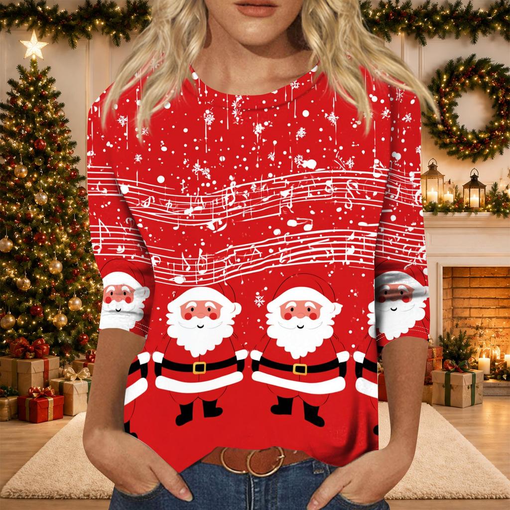 Women's Casual Christmas Print Three-Quarter Sleeve Neck Top