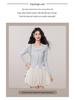Kumikumi Women's Chic Blue Lace Tie-Up Long Sleeve Autumn Two-Piece Slimming T-Shirt