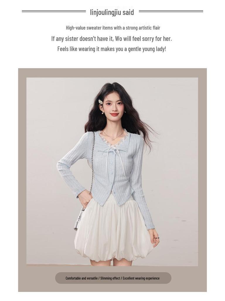 Kumikumi Women's Chic Blue Lace Tie-Up Long Sleeve Autumn Two-Piece Slimming T-Shirt