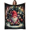 1pc Cozy Gnome & Santa Claus Flannel Blanket - Soft Warm 280gsm All-Season Bedspread with Pink-Hatted Gnome, Snowflakes & Christmas Trees - Machine Wa
