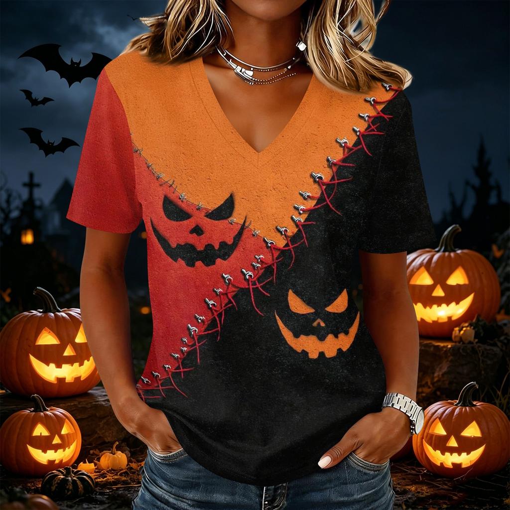 Damska casualowa koszulka z krótkim rękawem i dekoltem w serek, pulower z nadrukiem na Halloween, koszulka z grafiką o tematyce Halloween