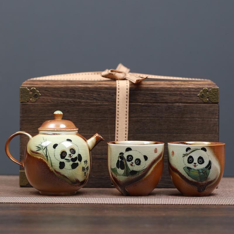 Hand-painted panda tea set, light luxury outdoor travel ceramics, one pot and two cups, gifts for public relations when the company opens