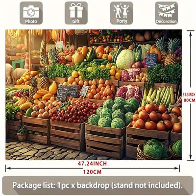 2D Retro Food Market Tapestry, Vintage Wooden Crates with Fresh Produce Background Cloth