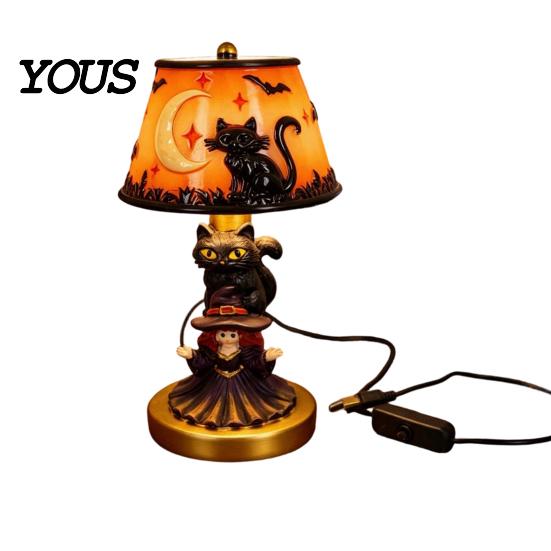 USB Powered Halloween Lamp Night Light, Stained Glass Lamp, Retro Gothic Glowing Low Energy with Warm Amber Purple, Tabletop Decor for