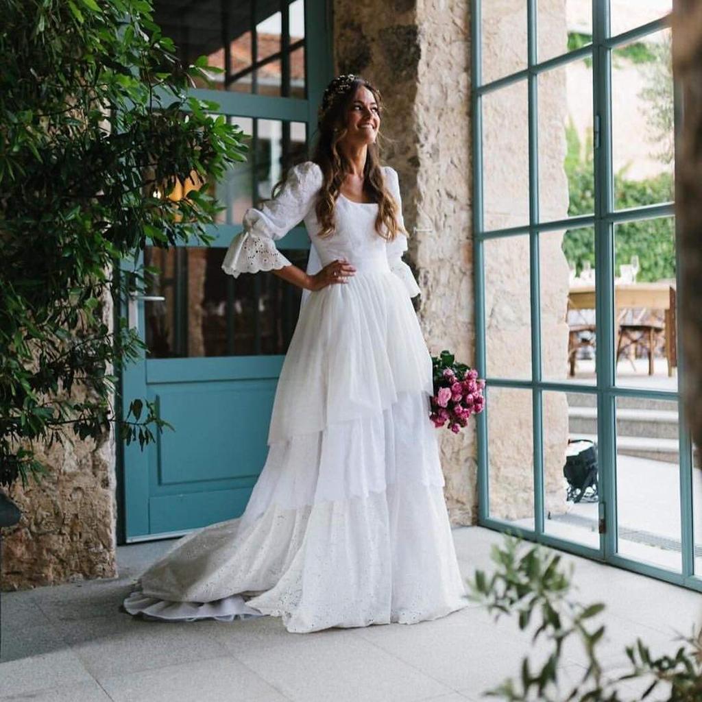 Wedding Dress Vintage Lace Wedding Dress 2025 Boho A Line Bride Gown Half Sleeves Tiered Wedding Gowns Customized