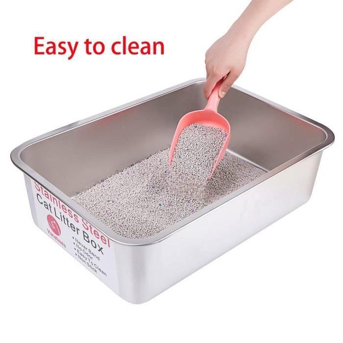 Yangbaga Bac à Litière Chat XL, Bac en Acier Inoxydable Toilette Chat Anti - Odeur pour Chats (60 * 40 * 15cm)