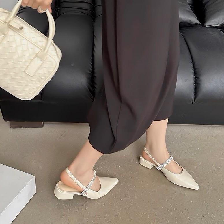 Rhinestone bag head sandals women's 2025 summer new thick heel pointed French word with high heel fairy wind light mouth single shoes