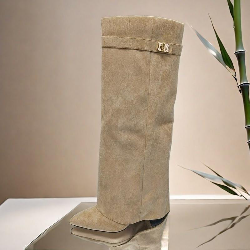 Elegant High Heel Mid-Calf Boots with Metal Buckles for Formal Banquets, Stylish Riding Boots for Women, Chunky Heel Dress Boots