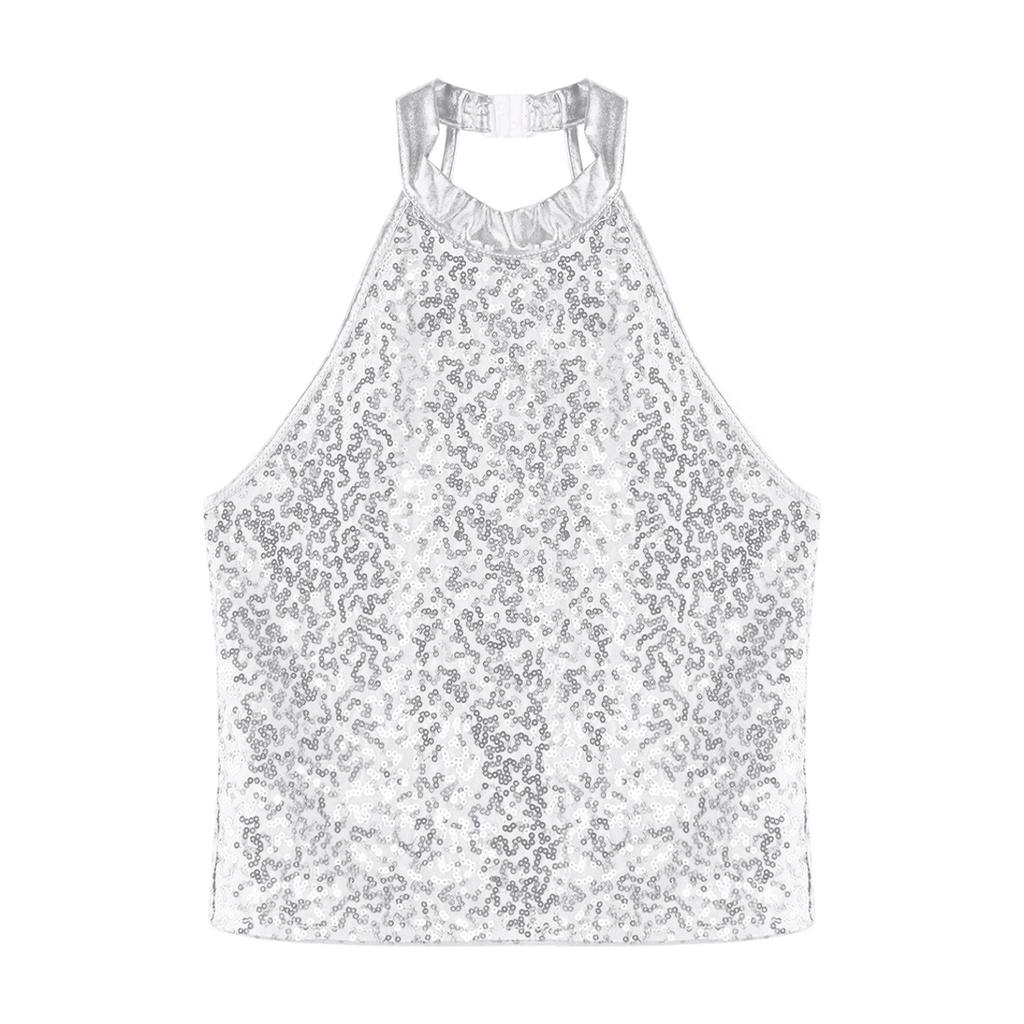 Kids Girls Sparkling Sequin Halter Crop Top Sleeveless Backless Tops for Cheerleading Jazz Dance Gymnastics