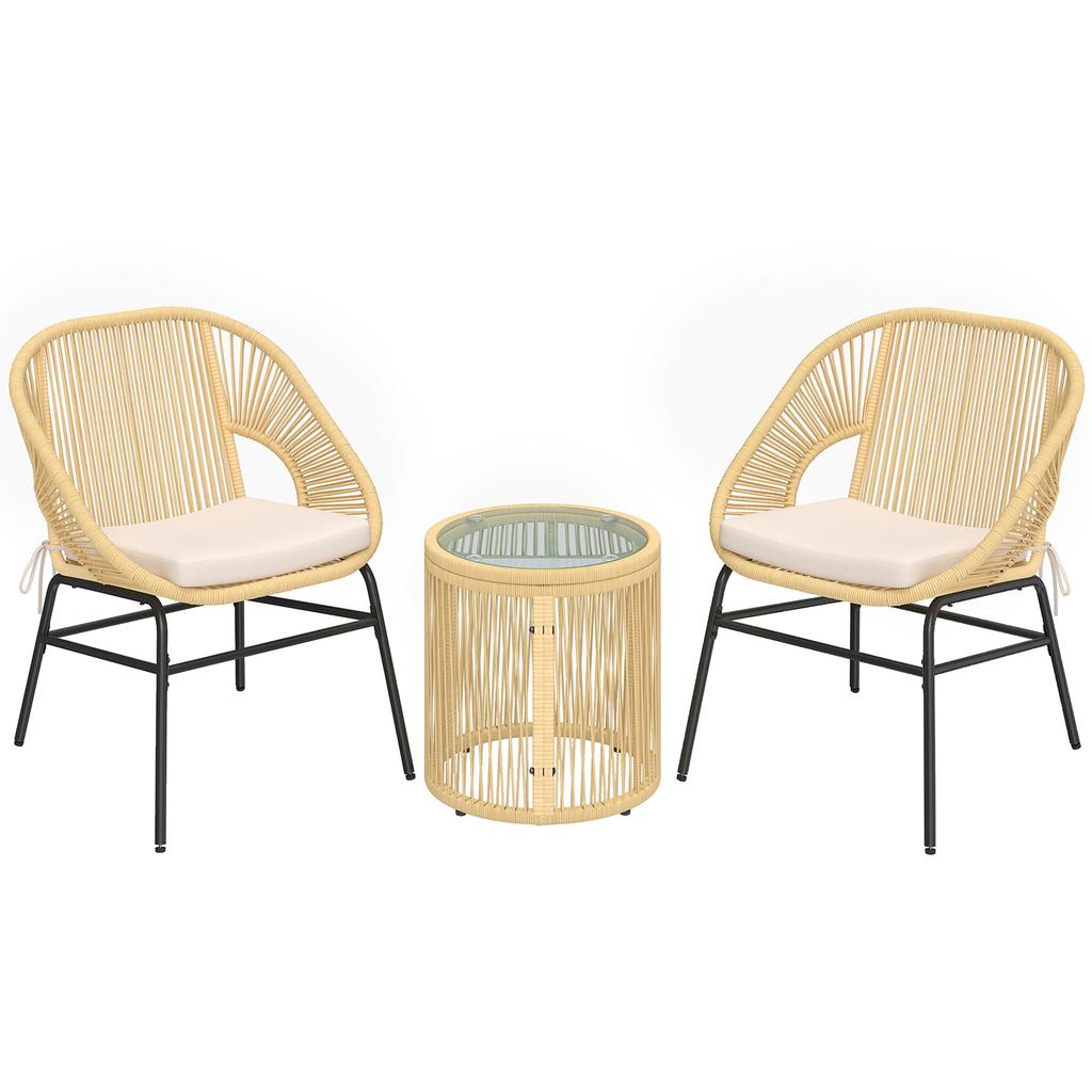Bistro Balcony Lounge Set, 3-Piece, 2 Armchairs, Tempered Glass Table, Removable Cushions, Beige