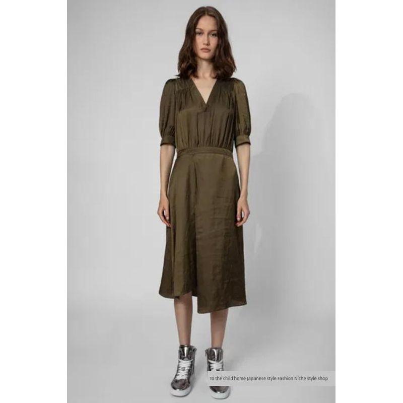

French Niche Style Pure Yuan Elastic Back Waist Design Asymmetrical Hem Satin V Neck Dress Brown Green S