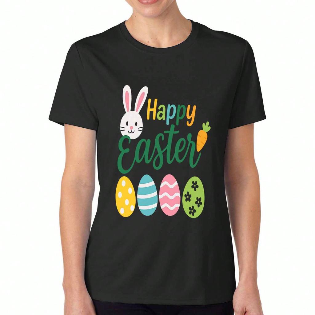 Happy Easter Bunny Lady's Cotton T Shirt, Premium Cotton Quality Print, Durable, Casual And Fashionable. Easter Rabbit Eggs Graphic Tee, A Perfect Spr