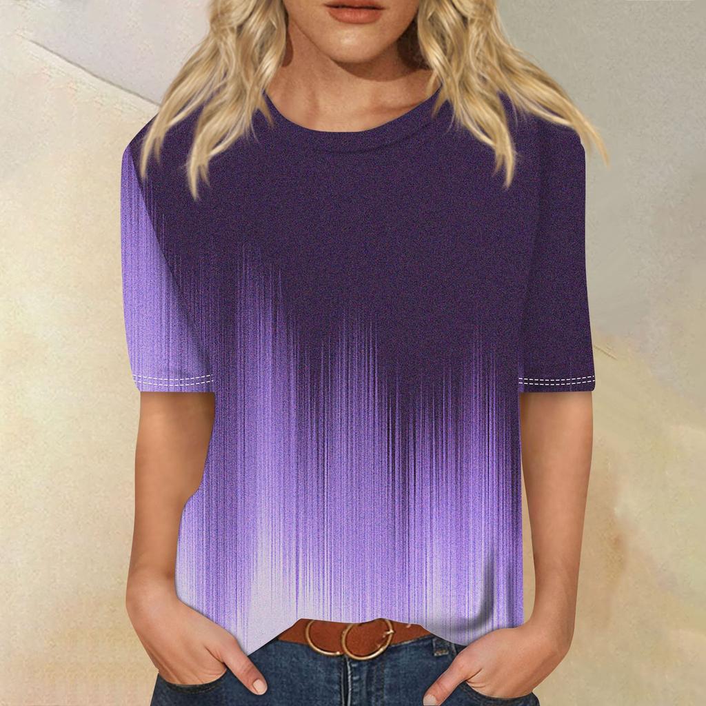 Modisches, lässiges Top mit drei halben Ärmeln und abgestuftem Druck für Damen mit Rundhalsausschnitt