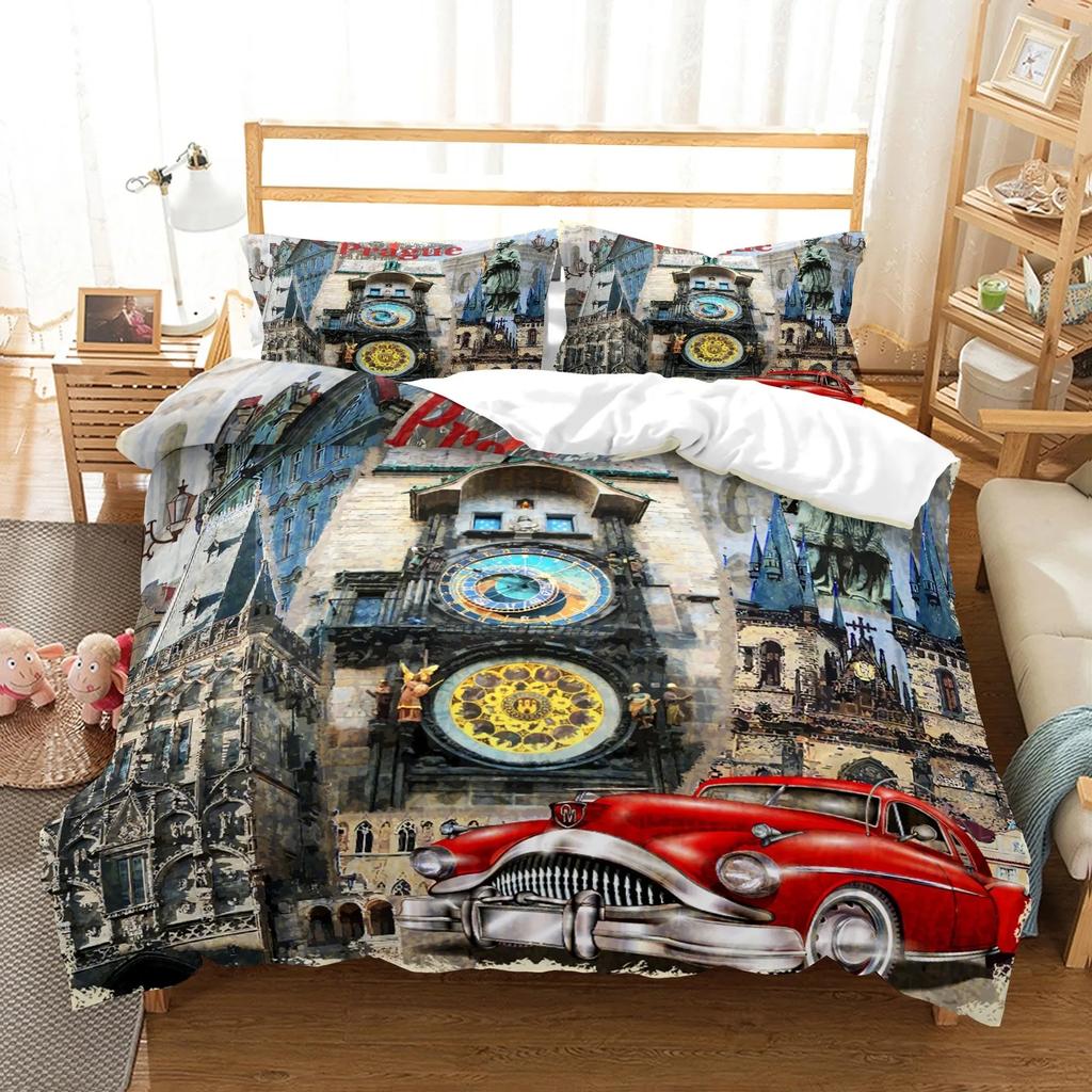 New York Statue of Liberty Duvet Cover King Queen Size Retro Car Nostalgic 50s Bedding,Vintage Car Polyester Quilt Cover for Men