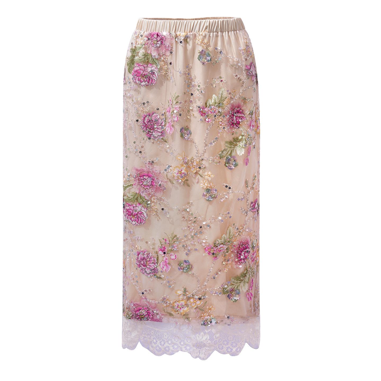 

Chinese Style Sequin Embroidered Lace Top & Mid-Length Skirt Set - Spring Collection XL