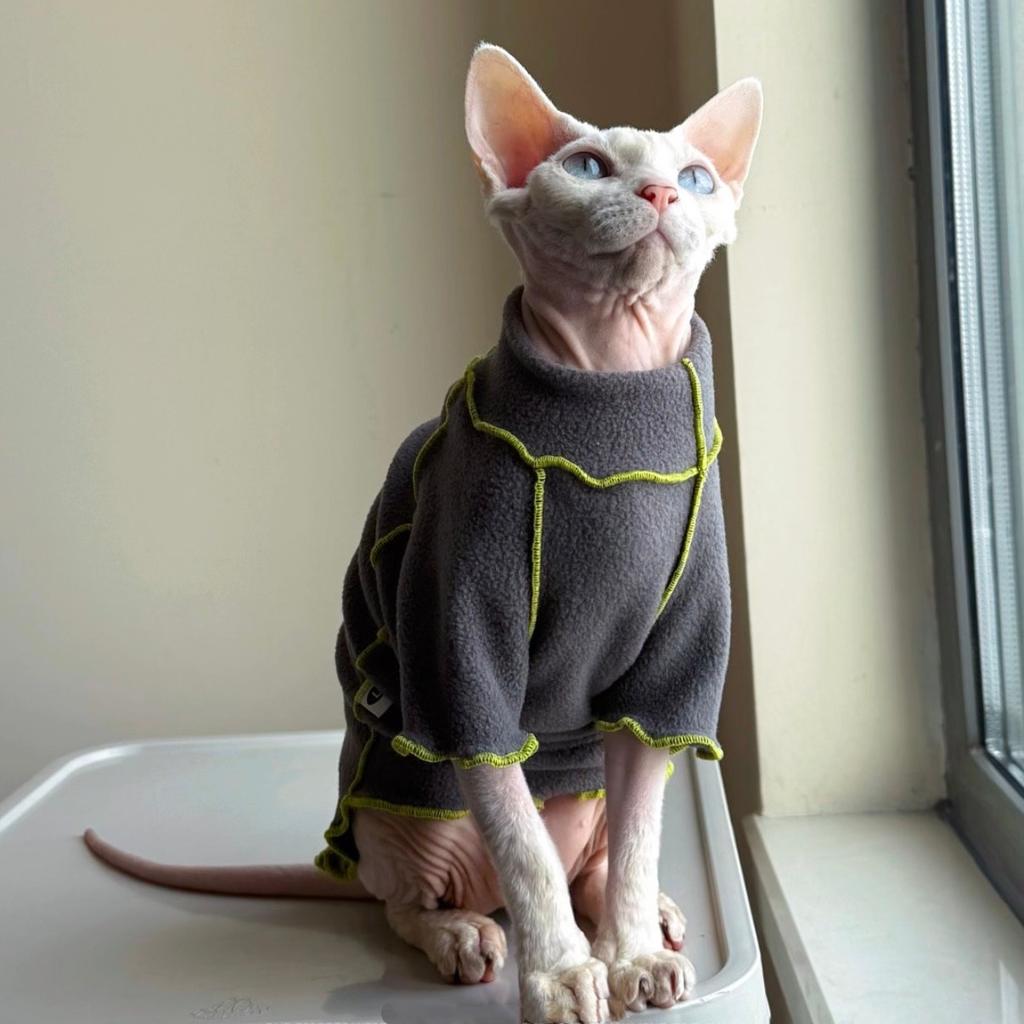 Grey Fleece Long Sleeves Coat for Sphinx Cat In Winter Spring Soft Stain-resistant Coat for Hairless Cat Loungewear for Kittens