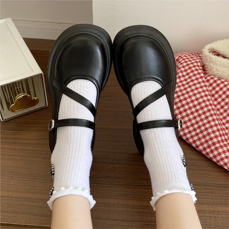 Fashion Womens Mary Jane Shoes Adjustable Buckle Strap Platform Flats Preppy Schoolgirl Style Shallow Cut Casual Shoes Non-Slip Oxfords