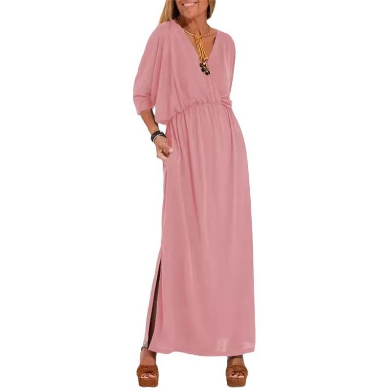 European And American Summer New Products Solid Color High-waist Split V-neck Dress Loose Casual Waist Belt Ice Silk Long Skirt