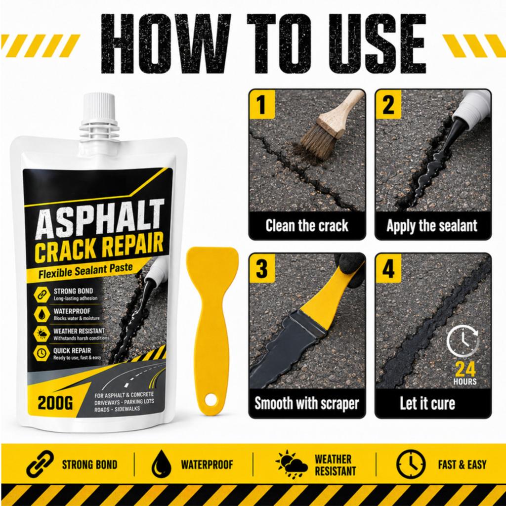 Asphalt Crack Repair Flexible Sealant Paste Strong Bond Waterproof Weather Resistant Quick Repair for Driveways Parking Lots Roads Sidewalks 200G