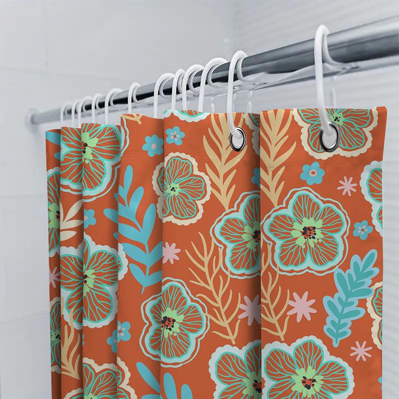 Rustic Floral Shower Curtain Orange Blue Print Bath Decor Fabric Waterproof Home Decoration 72x84 In (180X213 CM)
