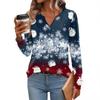 Women's Fashionable Casual V-neck Blouse Button Christmas Printed Long-sleeved Pullover T-shirt Top