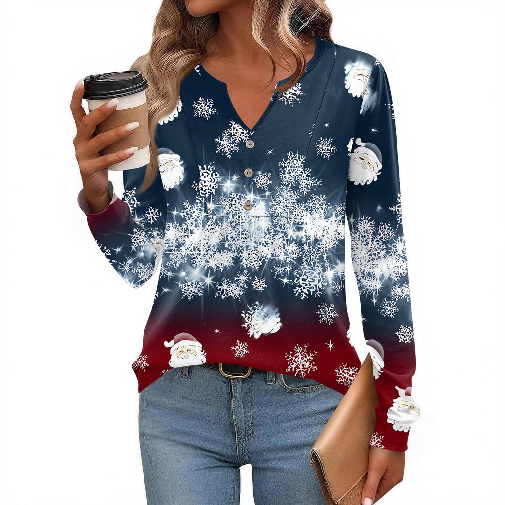 Women's Fashionable Casual V-neck Blouse Button Christmas Printed Long-sleeved Pullover T-shirt Top