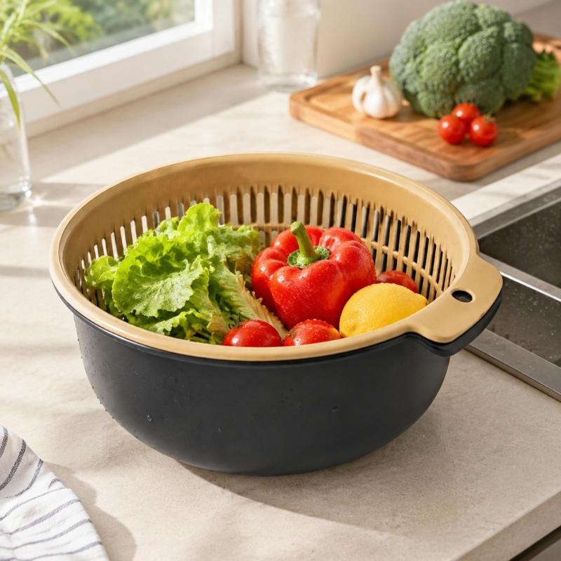 Fruit Washing Colander Bowl Set, Removable Drain Basket and Outer Bowl for Rinsing Produce, Legumes and Rice at Sink