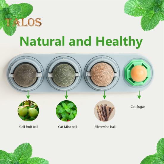 4Pcs Catnip Licking Balls Rotatable Wall Cat Edible Ball Toy with Natural Catnip Silvervine Safe Healthy Kitten Teeth Cleaning Dental Toy for Indoor