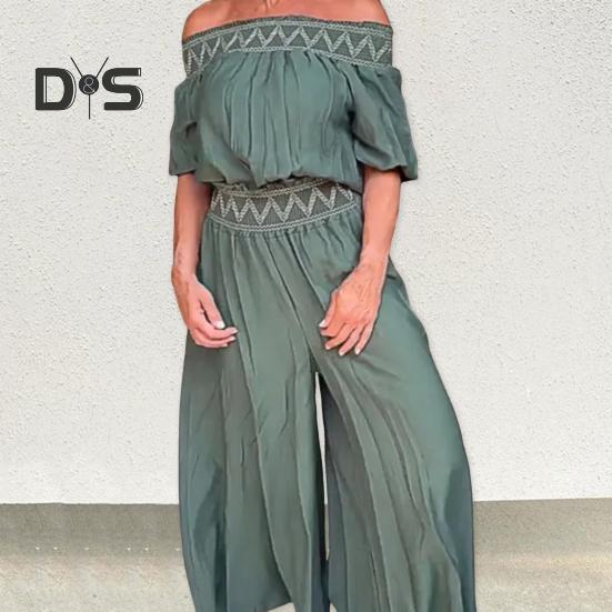 Women Jumpsuit Off Shoulder Wide Leg Printed Elastic Waist Pleated Half Sleeves Solid Color Shopping Dating Commurting Long Jumpsuit