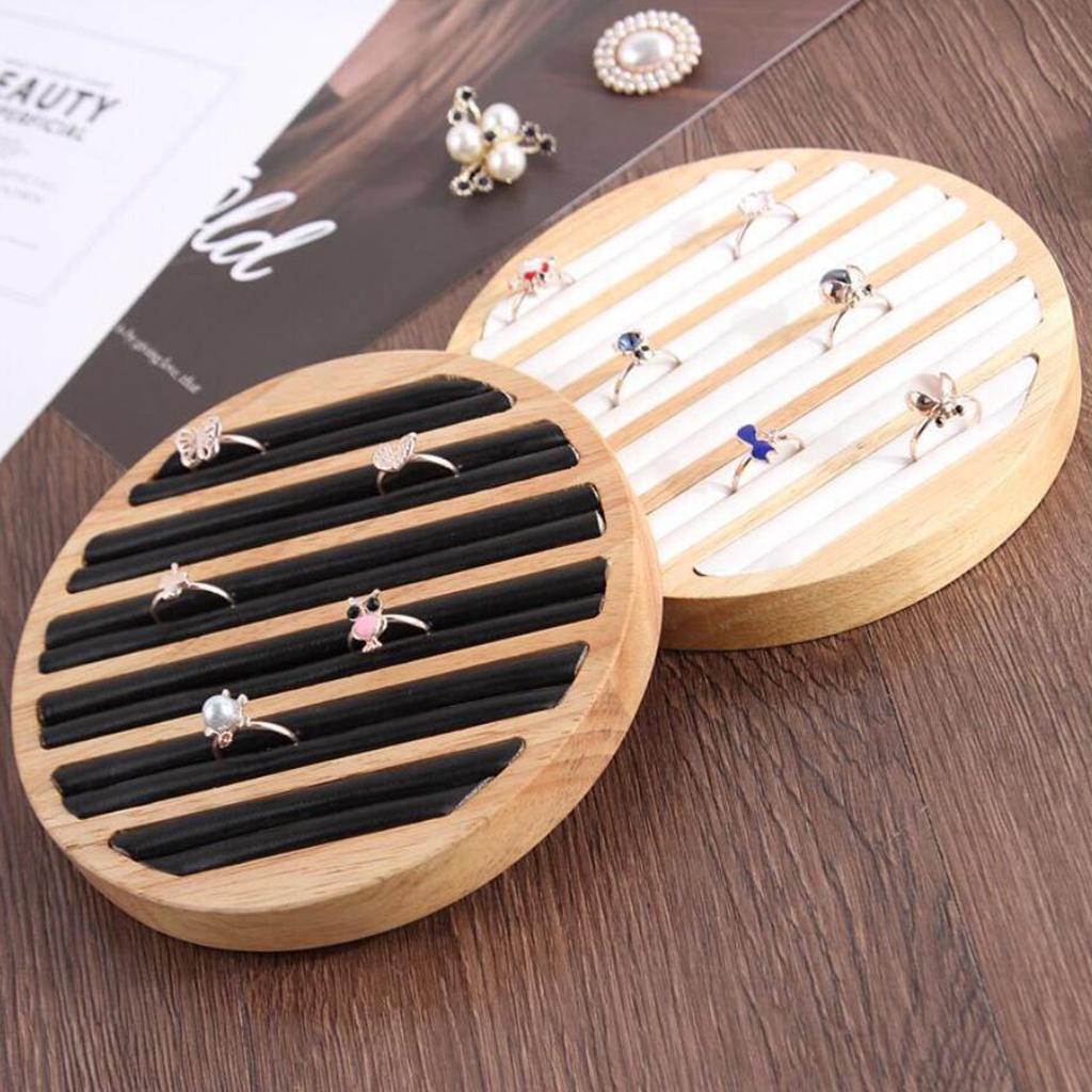 Round Wooden Jewelry Showcase Ring Display Tray Organizer White Leather
