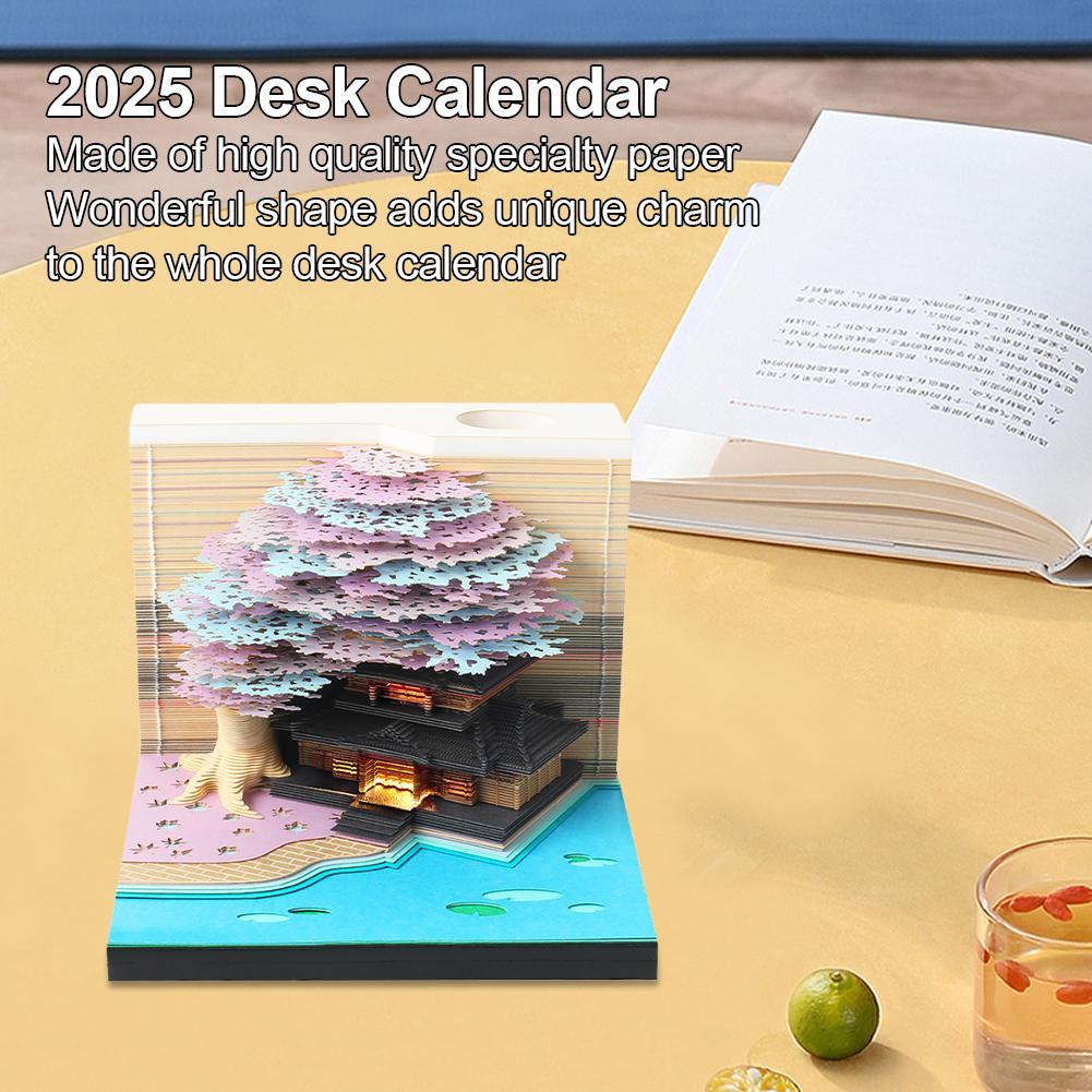 2025 3D Desk Calendar Memo Pad Calendar Carving Model Tear-Away Paper Art Notepad Memo Pad Calendar LED Light Home Decoration