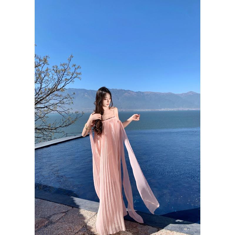 

Design Sense Pleated Tube Top One Word Shoulder Streamer Fairy Pendulum Fairy Long Skirt Feeling Seaside Vacation Skirt S розовый