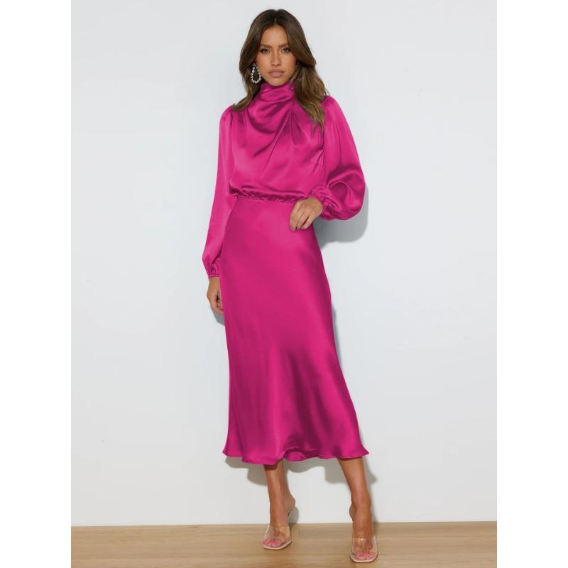 

Осеннее новое атласное платье с длинными рукавами, свободное вечернее платье XL ярко-розовый