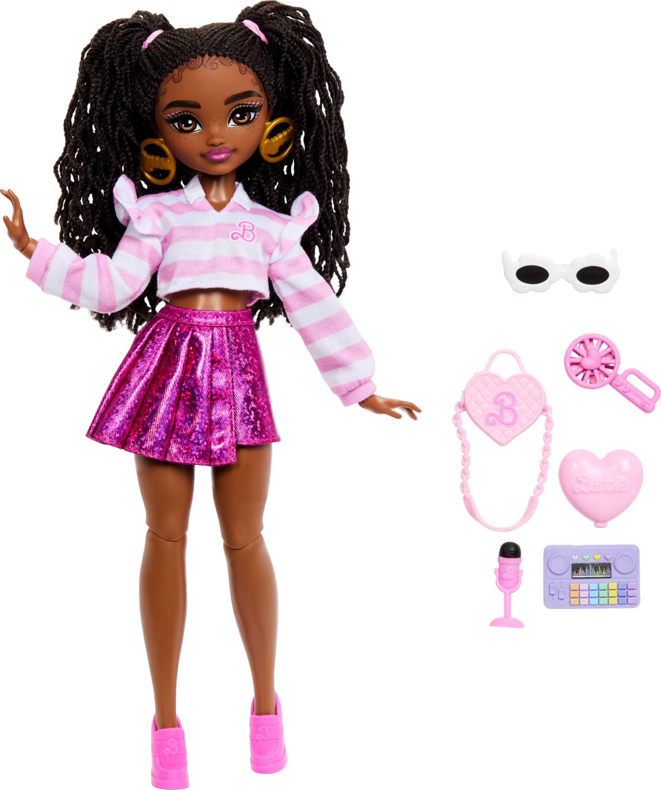 Barbie Dream Bestie Barbie Fashion Doll Accessories with poseable brunette hair and toy  Brooklyn  & dance-themed pieces.
