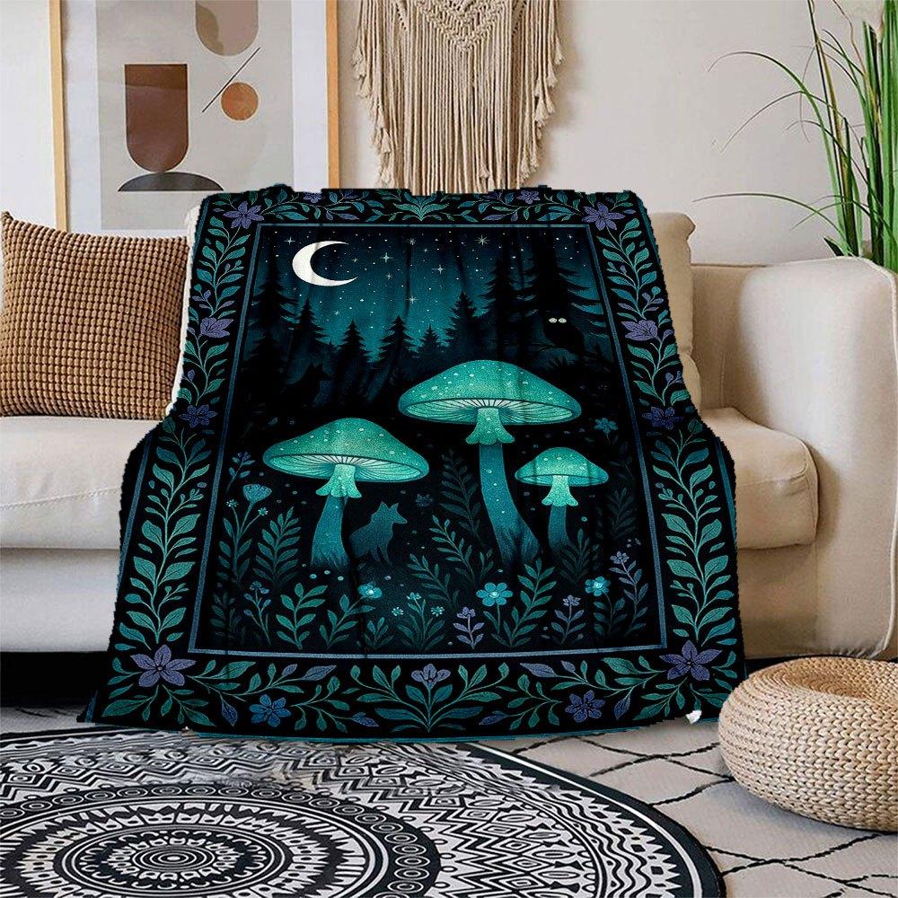 Glow-in-the-Dark Forest Mushroom Wall Art PrintBlanket Flannel Throw Blanket for Sofa, Bed, Travel, Camping, Office, Couch, Chair, And Bed G 150x180cm