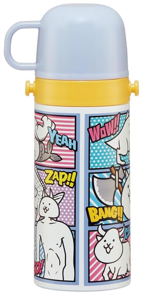 Skater Kids' Stainless Steel Water Bottle, 2-Way Design, 420ml (Direct Drinking) or 350ml (Cup Drinking), The Battle Cats 23 Design, Kid-Friendly,