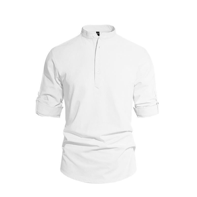 Men s Stand Collar Henley Neck Roll-Up Sleeve Cotton Linen Shirt S